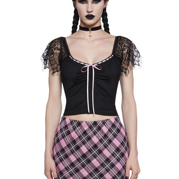 Dolls Kill Black Crop Top with Pink Ribbon - Picture 1 of 10